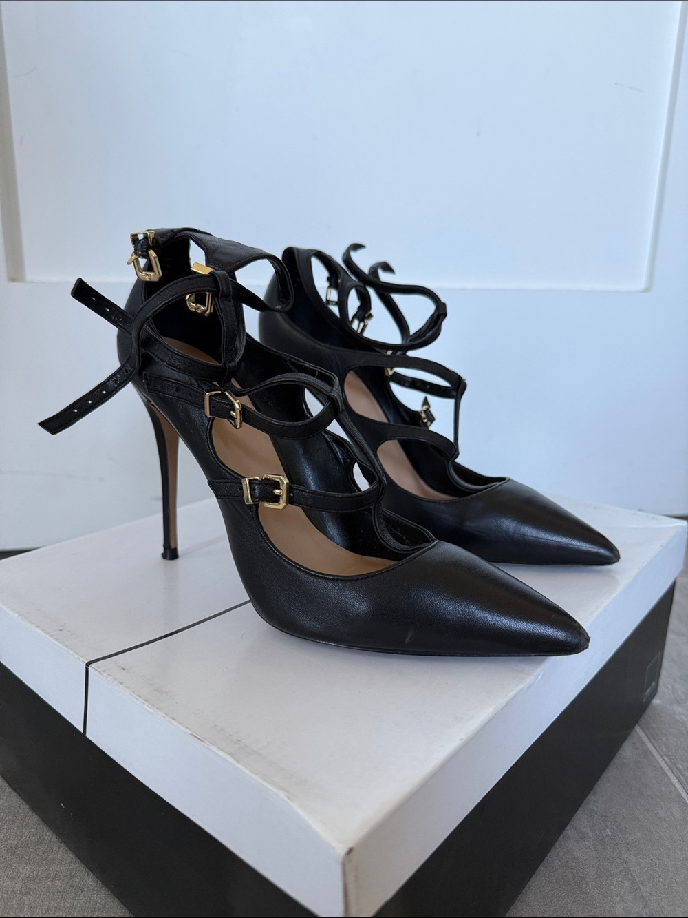 Women’s Aldo Black Strappy Pointed-Toe Stiletto Pumps